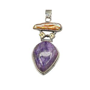 Sterling Silver Pendant with Purple Amethyst Pearl & Citrine Color Gemstones